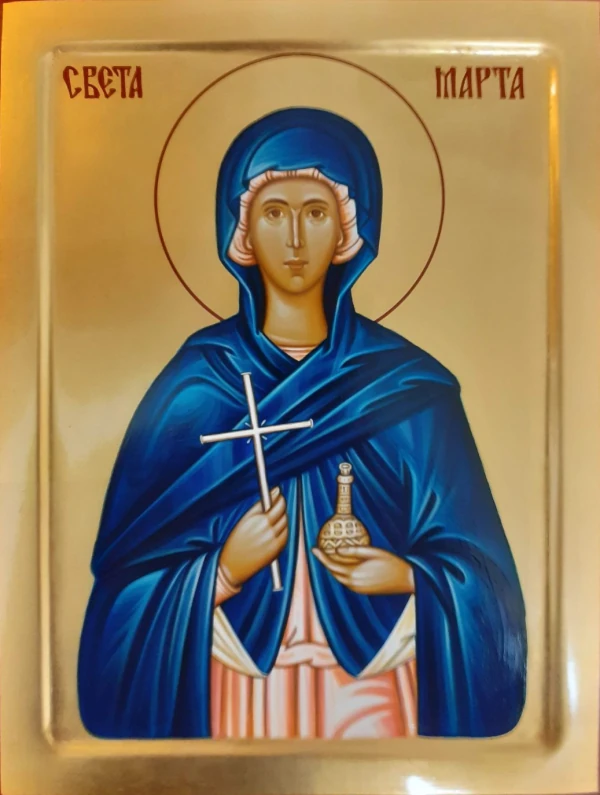 Ikona Svete Marte — figura u plavom maforionu sa krstom i posudom, zlatna pozadina.
