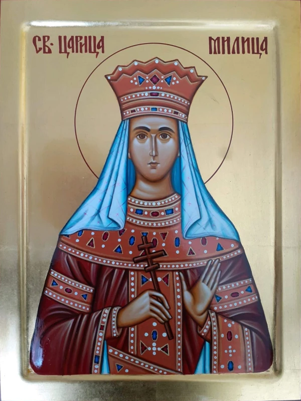 Ikona Svete carice Milice — vladarka sa krunom u vezenoj odeždi, zlatna pozadina.