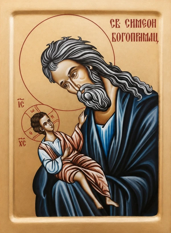 Ikona Svetog Simeona Bogoprimca — starac drži Hrista dete, natpis IC XC, zlatna pozadina.